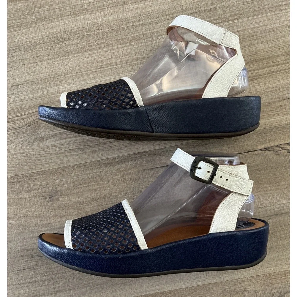 FLY LONDON Navy & White Mesh Front Leather Platform Wedge Sandals SIZE 9-9.5/40